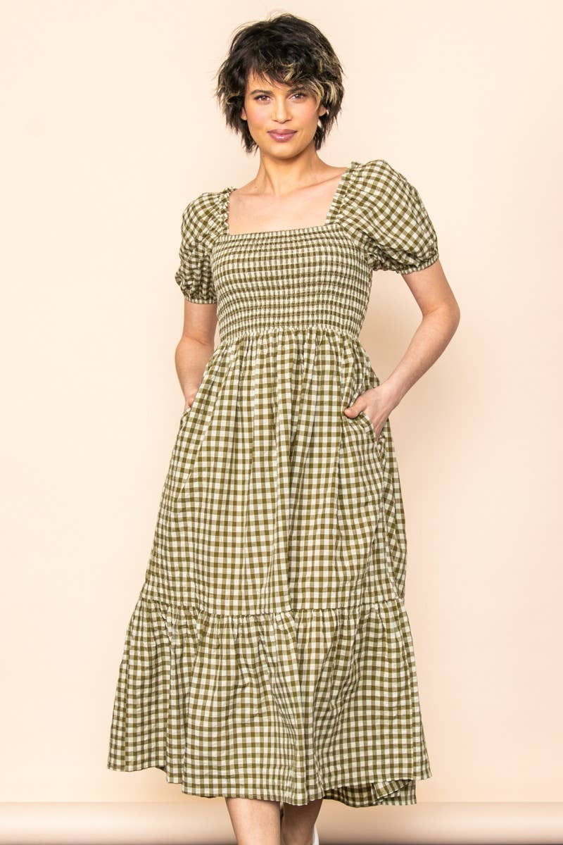 Elloh Collection - Wholesale Dress - Women's - Gingham Puff Sleeves Smocked Chest Midi Dress with Pockets0