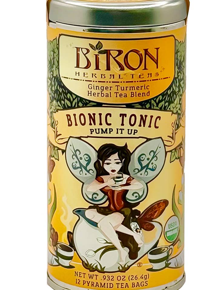 Bionic Tonic Herbal Tea Tin -12 ct In pyramid bags for wholesale by Biron Organic Teas