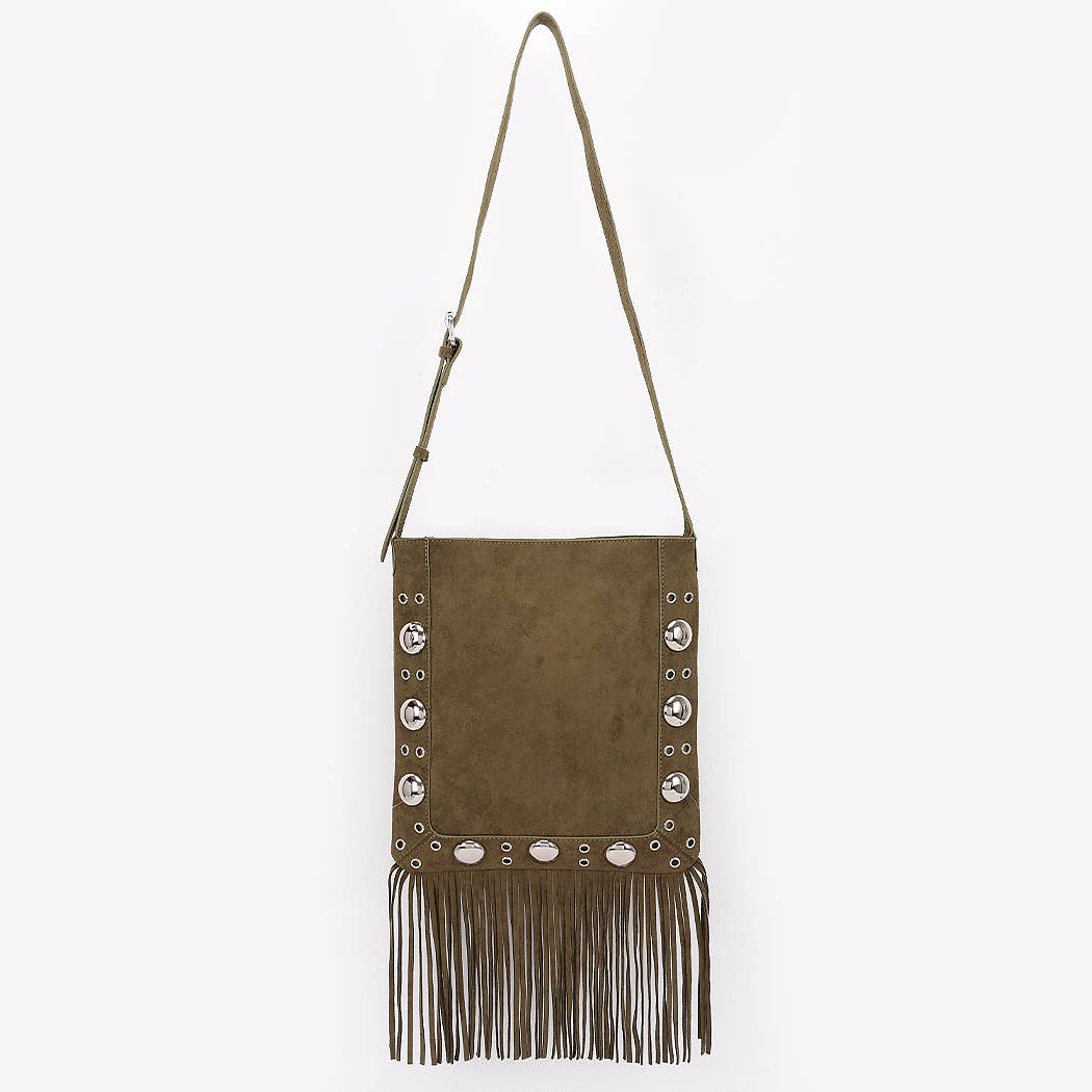 3AM BY H&D ACCESSORIES – wholesale Crossbody bag – Women's – Faux Suede Metal Studded Fringe Bag7