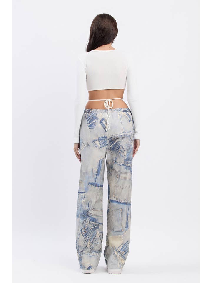 No Vacancy - Wholesale Pants - Women's - Denim print wide legged pants w/ drawstring5