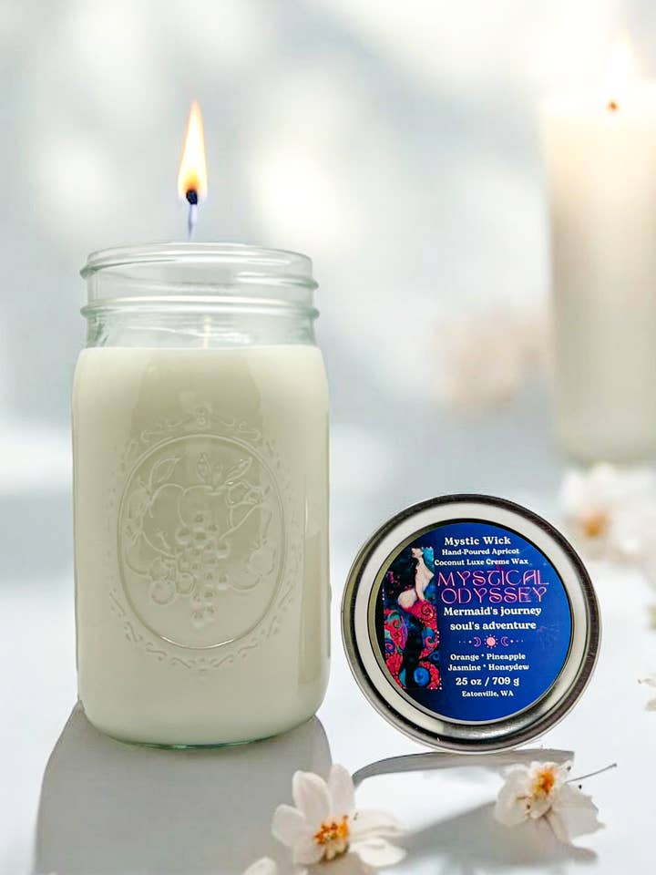Fruits tropicaux et rhum - (Mystical Odyssey) Cire d'abricot/noix de coco - Bougie en pot Mason 25 oz pour la vente par Mystic Wick LLC