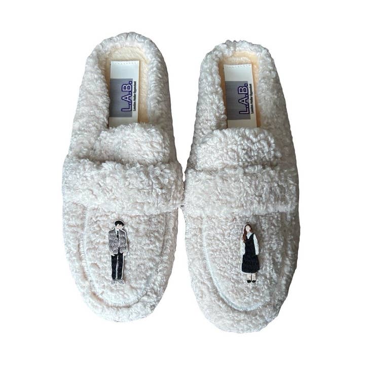 Beige shearling mules with embroidery patches for wholesale by London Atelier Byproduct