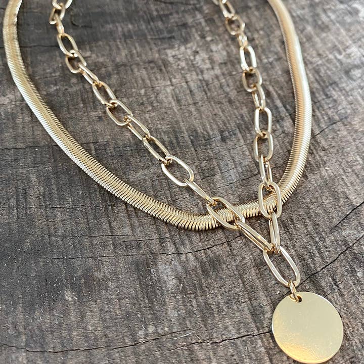 PennyLine inc - Wholesale Jewelry Set - Layered gold tone short necklace set with a coin pendant