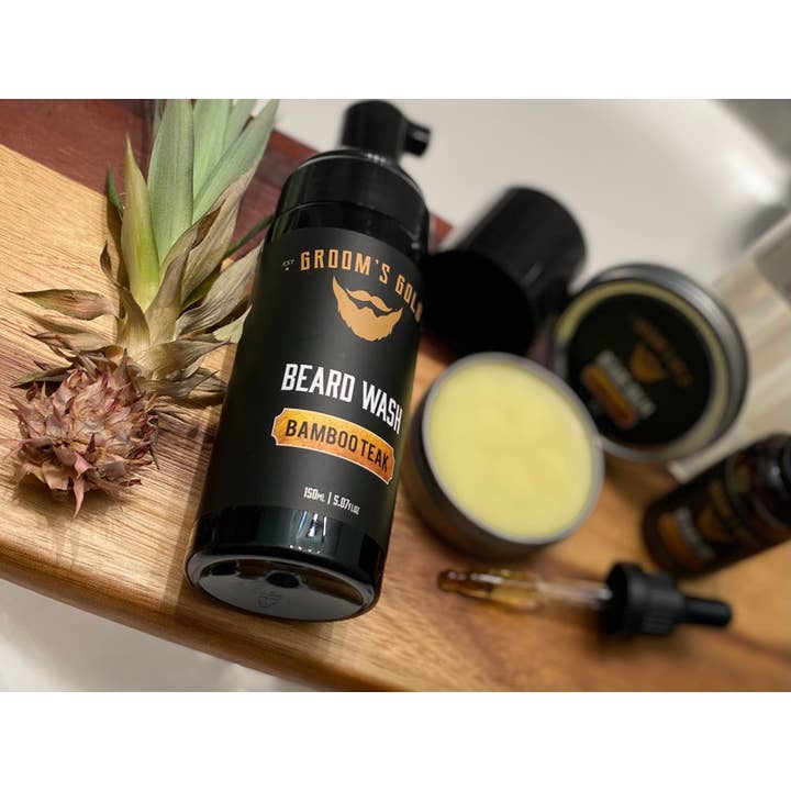 Groom’s Gold Bamboo Teak Complete Beard Care Kit for wholesale by Groom's Gold