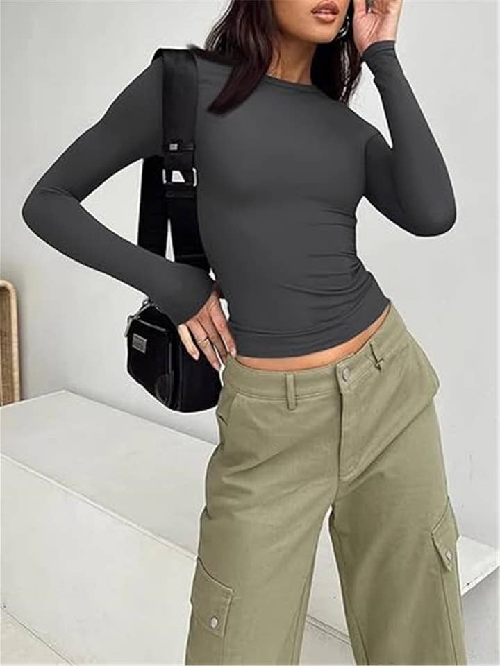 HIDDENBRAND - Wholesale T-Shirt - Women's - Simple Basic Plain Versatile Long Sleeve Cropped T-Shirt3