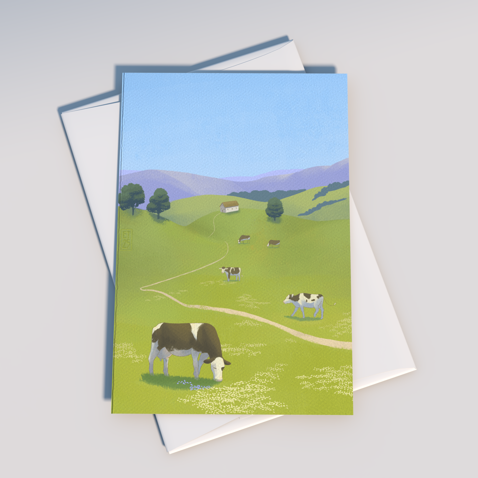 Tiday Art - Wholesale Everyday Greeting Card - Greener Pastures - A6 Greeting Card Pack of Cows Grazing2