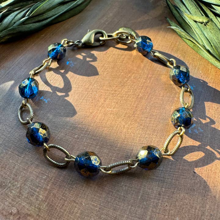 Bohemian Bracelet Vintage Style Brass Capri Blue Beads for wholesale by Vintage Earth
