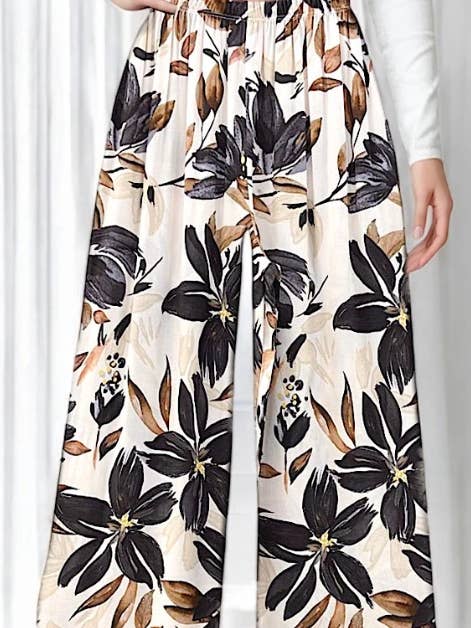 LOOWIE – Engroshandel Bukser - Dame – ELPBGB Italienske Brede Ben Sorte Blomstrede Sommerbukser LOOWIE0