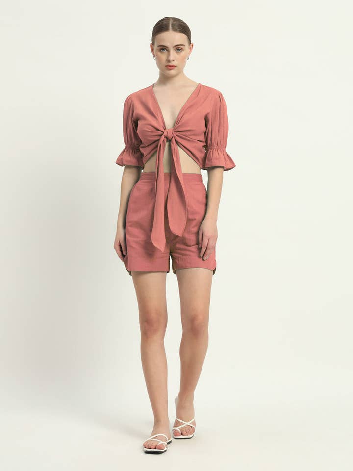 Ensemble assorti de shorts ivoire rose bohème Bliss en lin court pour la vente par Thevasa