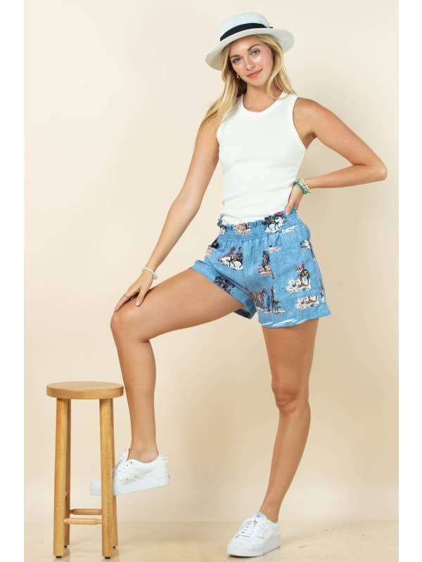 AP1312-MARA WESTERN DENIM PRINT SMOCK WAIST WOVEN SHORTS for wholesale on Faire4