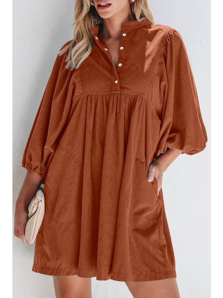 PRETTY BASH - Wholesale Dress - Women's - Solid Corduroy 3/4 Sleeve Snap Button Dress8