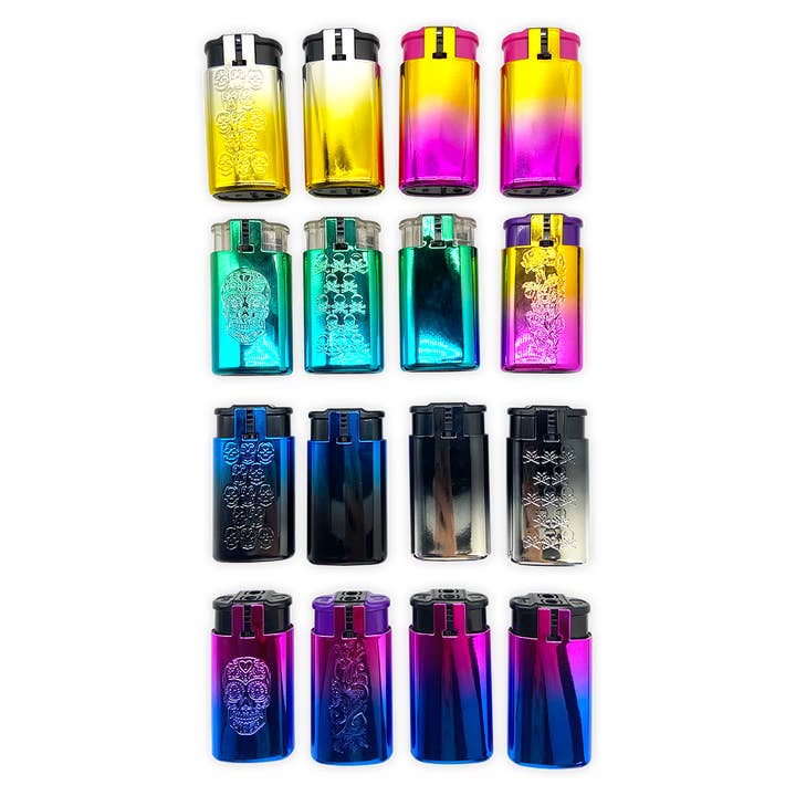 Metallic Dual Flame Torch Lighter Assortment - 16/Pack for wholesale by Novelty Closeout