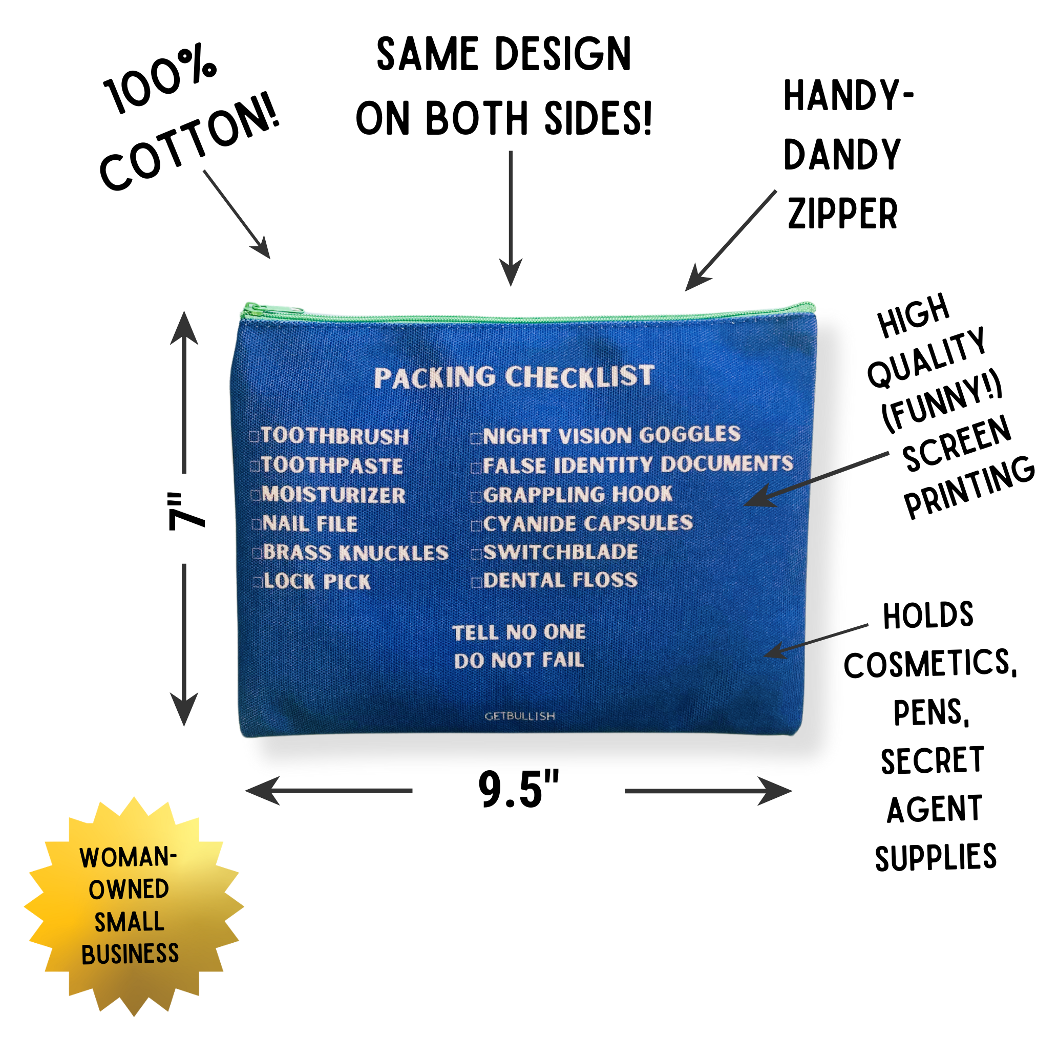 GetBullish - Wholesale Pencil Case/Pouch - GetBullish Secret Agent Packing Checklist Canvas Zipper Pouch 9.5" x 7" | Cosmetics Bag or Pencil Case2