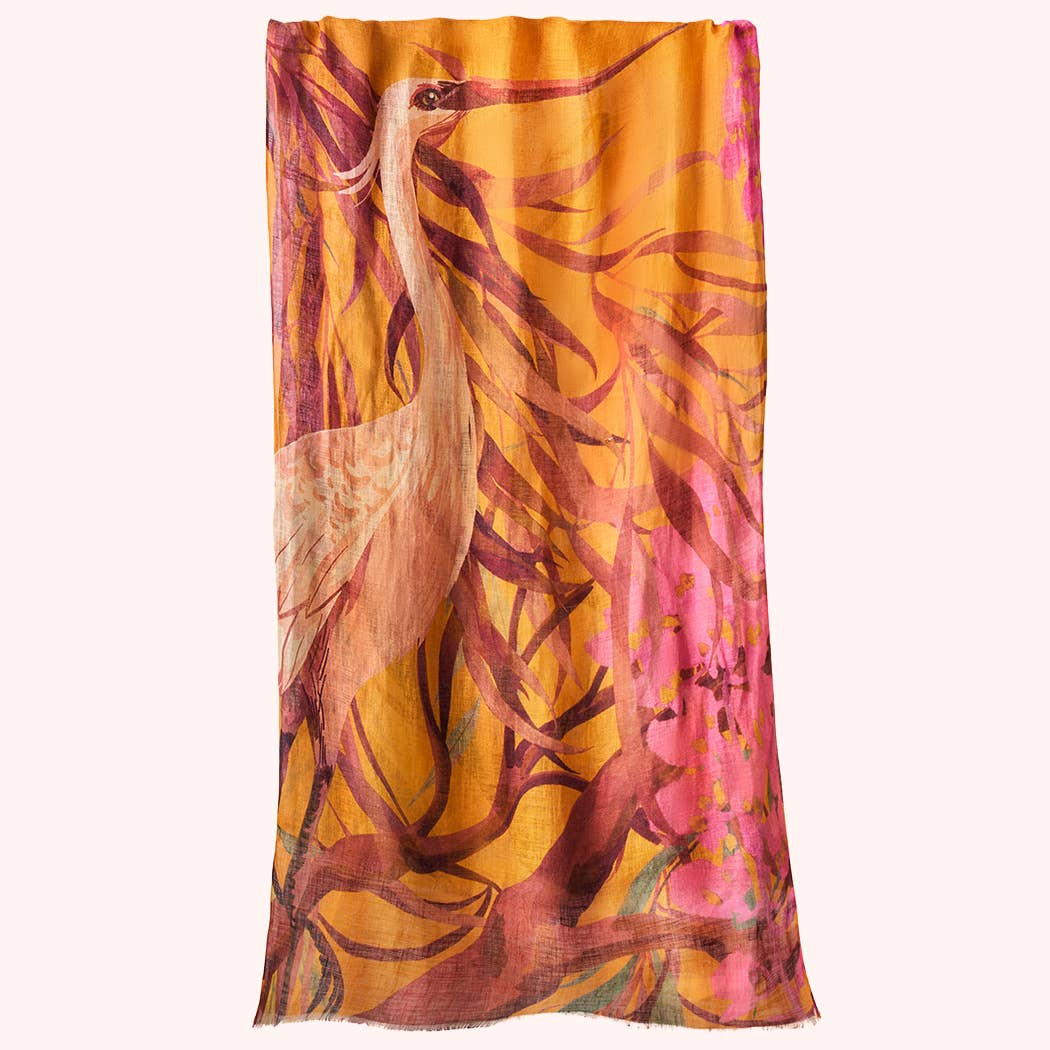 Yellow Linen/Cotton Scarf - Oriental Crane for wholesale on Faire1