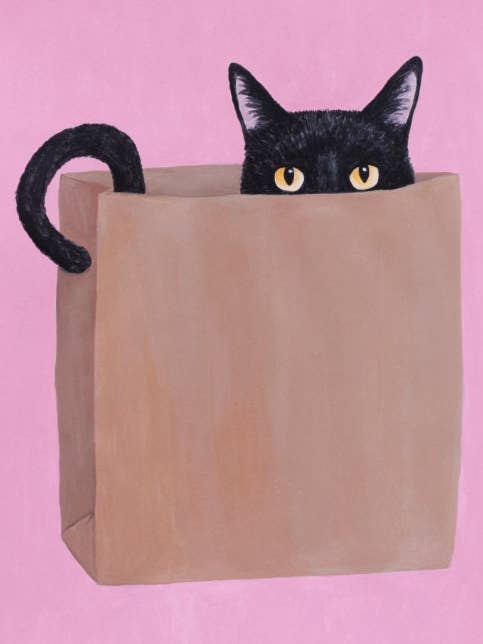 Svart katt i brun papperspåse - konsttryck för barns rum för wholesale av Sally B