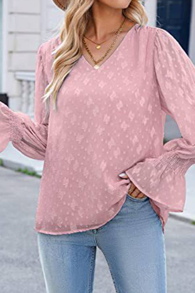 UNISHE - Wholesale Blouse - Women's - V Neck Lace Sheer Flare Sleeves Blouse AXR0054