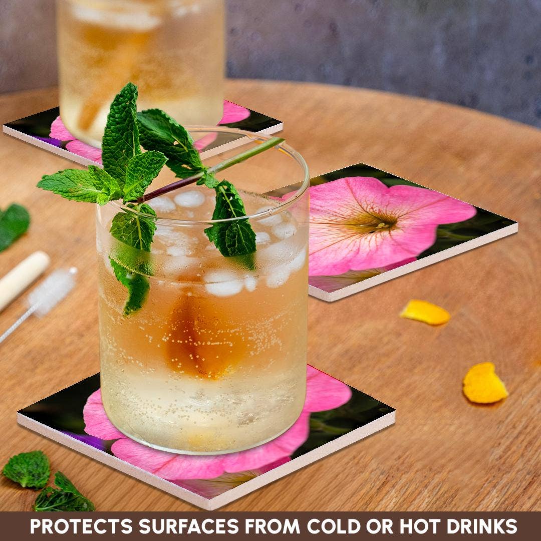 3dRose – wholesale Coasters – 3dRose, Pink petunia flower. A bug drinks rainwater from inside the plant, Coaster2