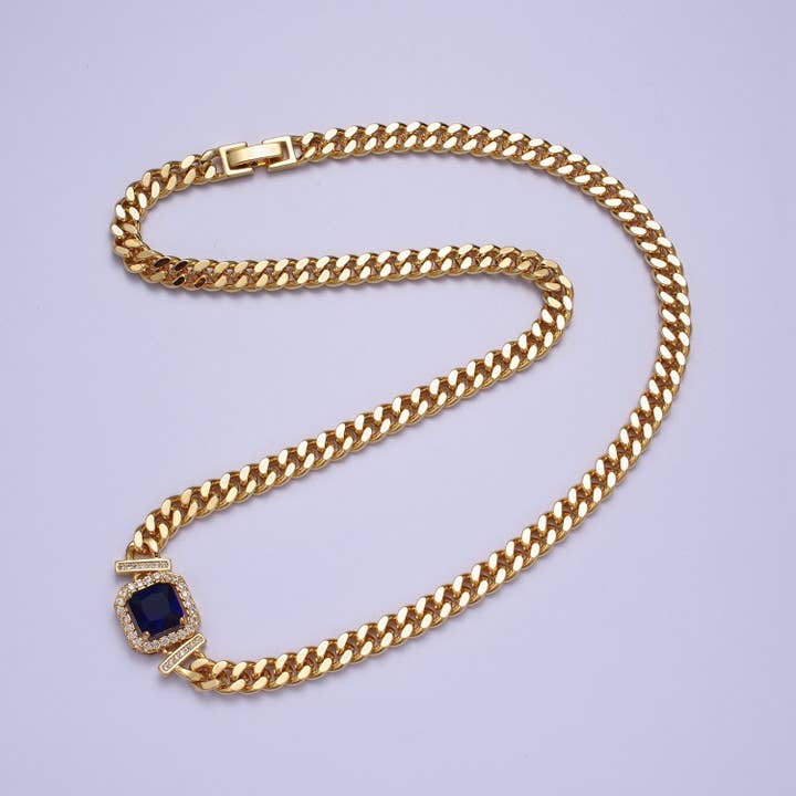 Aim Eternal - Wholesale Link & Chain Necklace - Gold 18 Inch Micro Paved Baguette CZ Flat Curb Link Chain Necklace | WA-1200 -- WA-1218