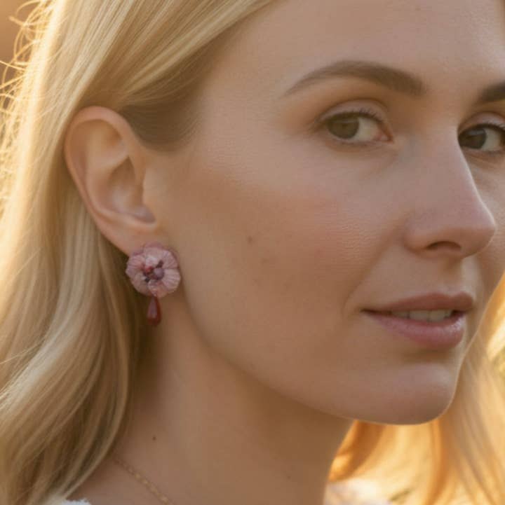 Old rose flower earrings - embroidered beads. for wholesale by L'atelier du 6