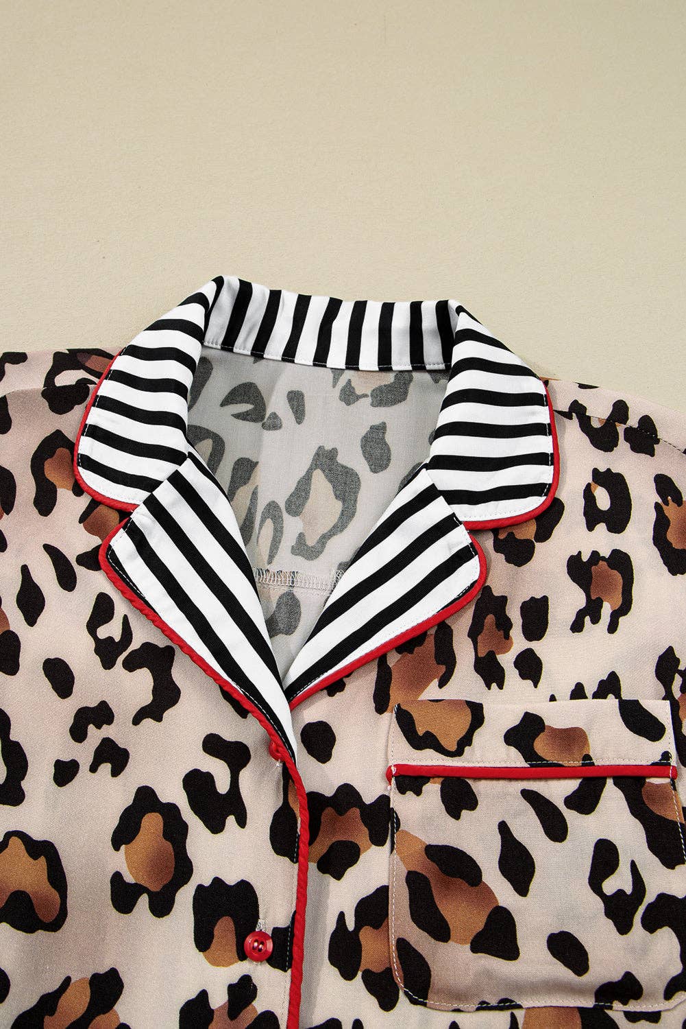 Khaki Leopard Colorblock Stripe Edge Shirt and Pants Pajama Set for wholesale on Faire7