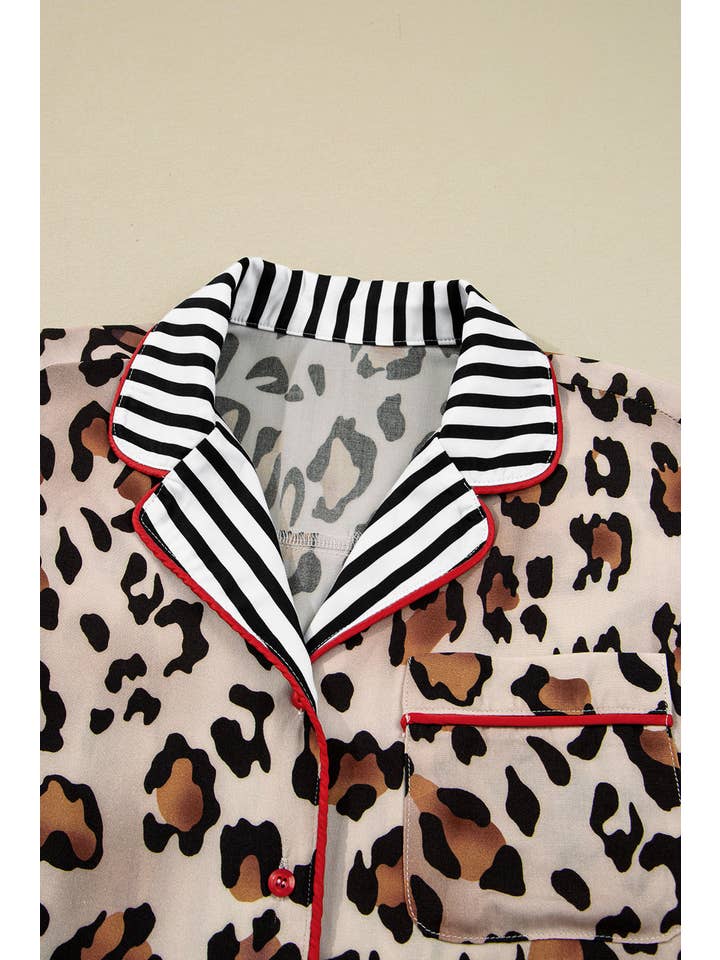Khaki Leopard Colorblock Stripe Edge Shirt and Pants Pajama Set for wholesale on Faire7
