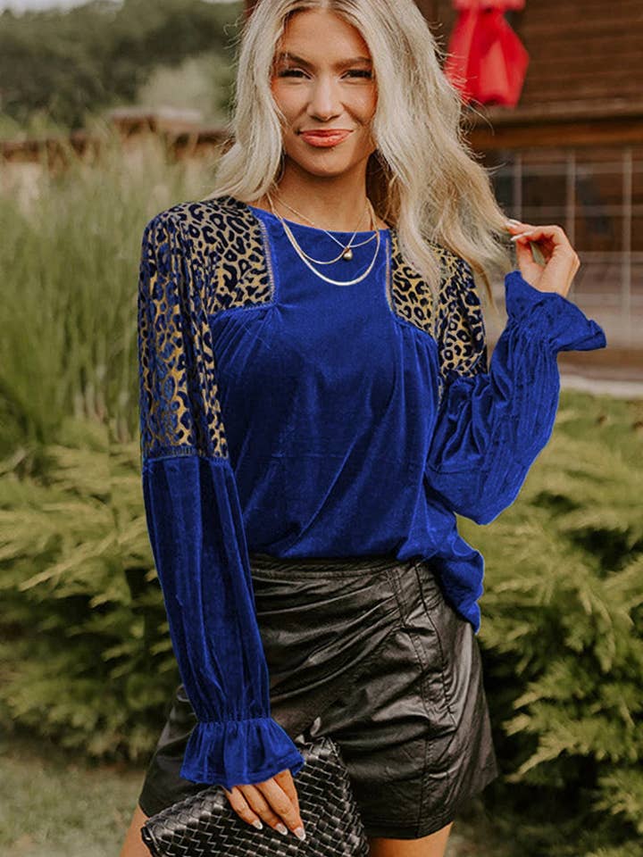 Sky Blue Leopard Patchwork Shoulder Flounce Sleeve Velvet Blouse for wholesale on Faire4