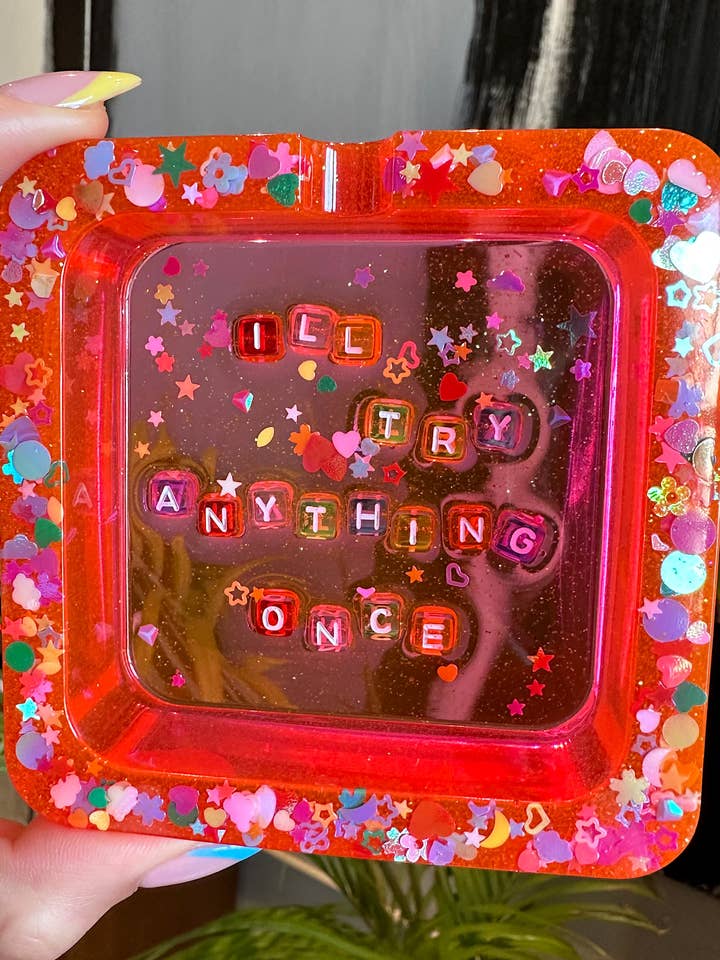 'I'll try anything once' tray for wholesale by Rosemilk Resin