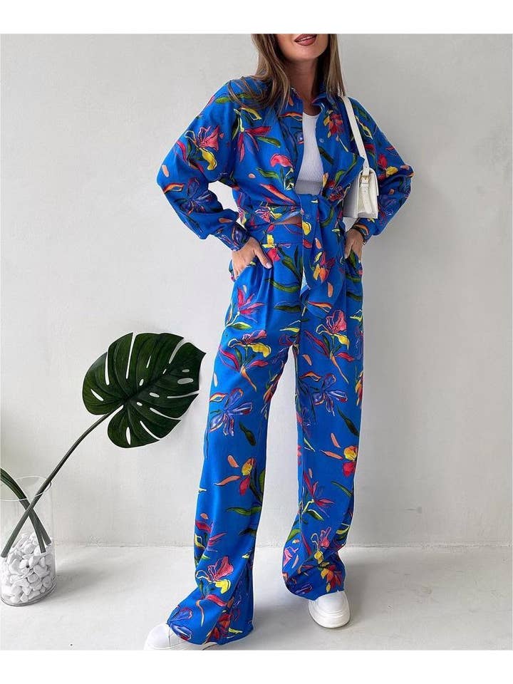 Stylish blue plant print shirt wide-leg pants casual set for wholesale on Faire