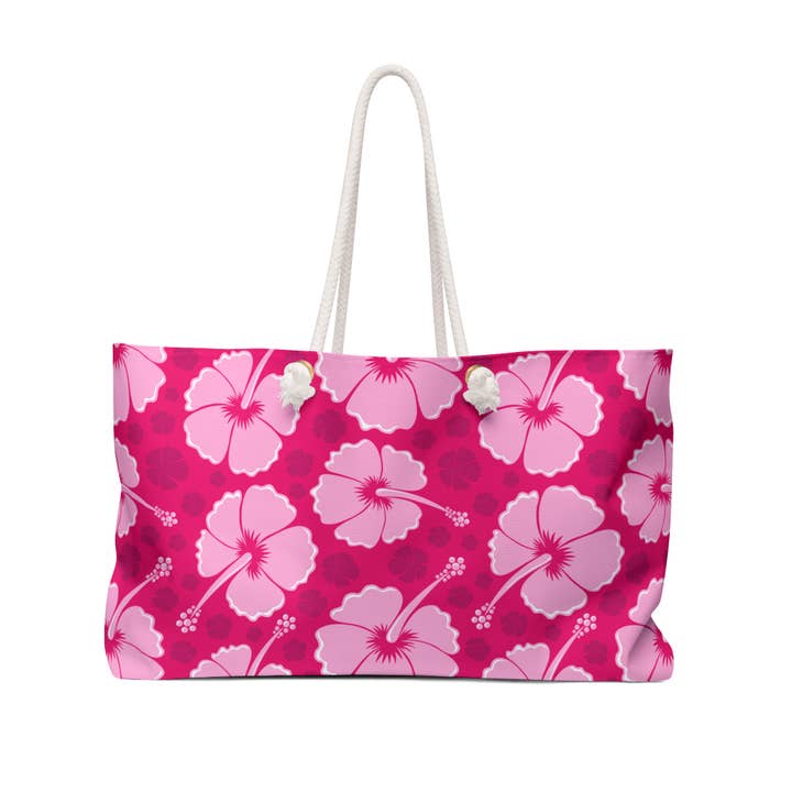 Lyserød hibiscusblomst strandtaske. Reb håndtag weekendtaske for engroshandel hos Lyn Roma