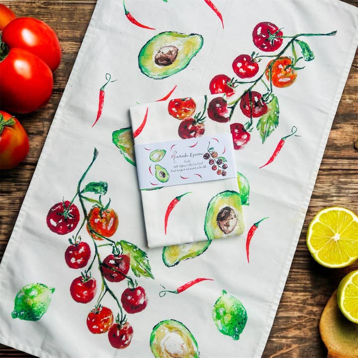 Guacamole, Fiesta, 100% Organic Cotton tea towel, Designed and printed in UK - by Sarah Epsom for wholesale by Sarah Epsom