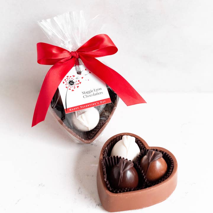 Valentine's 6oz Milk Chocolate Heart Box with Three Truffles for wholesale by Maggie Lyon Chocolatiers