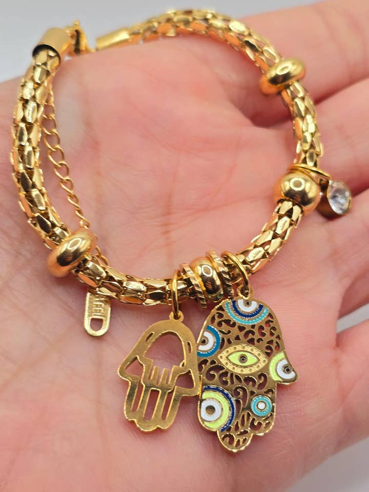 Evil eyes hamza hand bracelets pulsera dijes suerte acero mano de fatima for wholesale by Fui fui jewelry llc