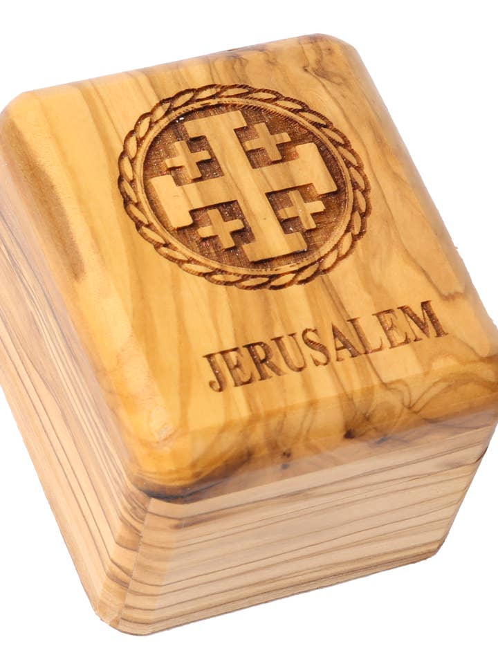 Olive Wood Box_ Laser-engraved Jerusalem Cross for wholesale by Holyland Artisans