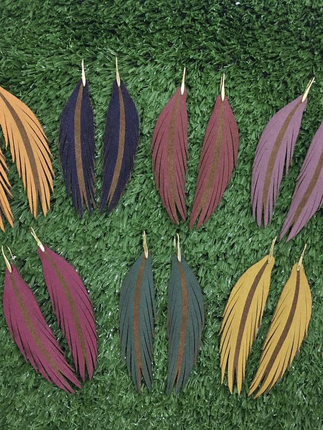 Long Feather Leather Earrings - Painted Dark Brown Suede for wholesale by The Supply Society