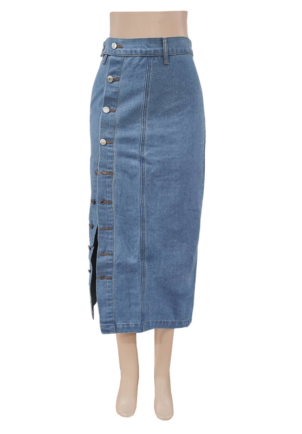 HIDDENBRAND - Wholesale Skirt - Women's - Irregular Buttoned Denim High-Rise Maxi Skirt0