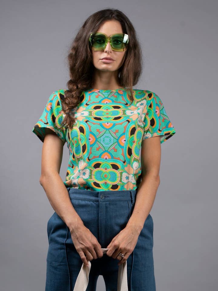 Cotton Psychedelic Crosses/Star Teal T-shirt for wholesale by Nuvula