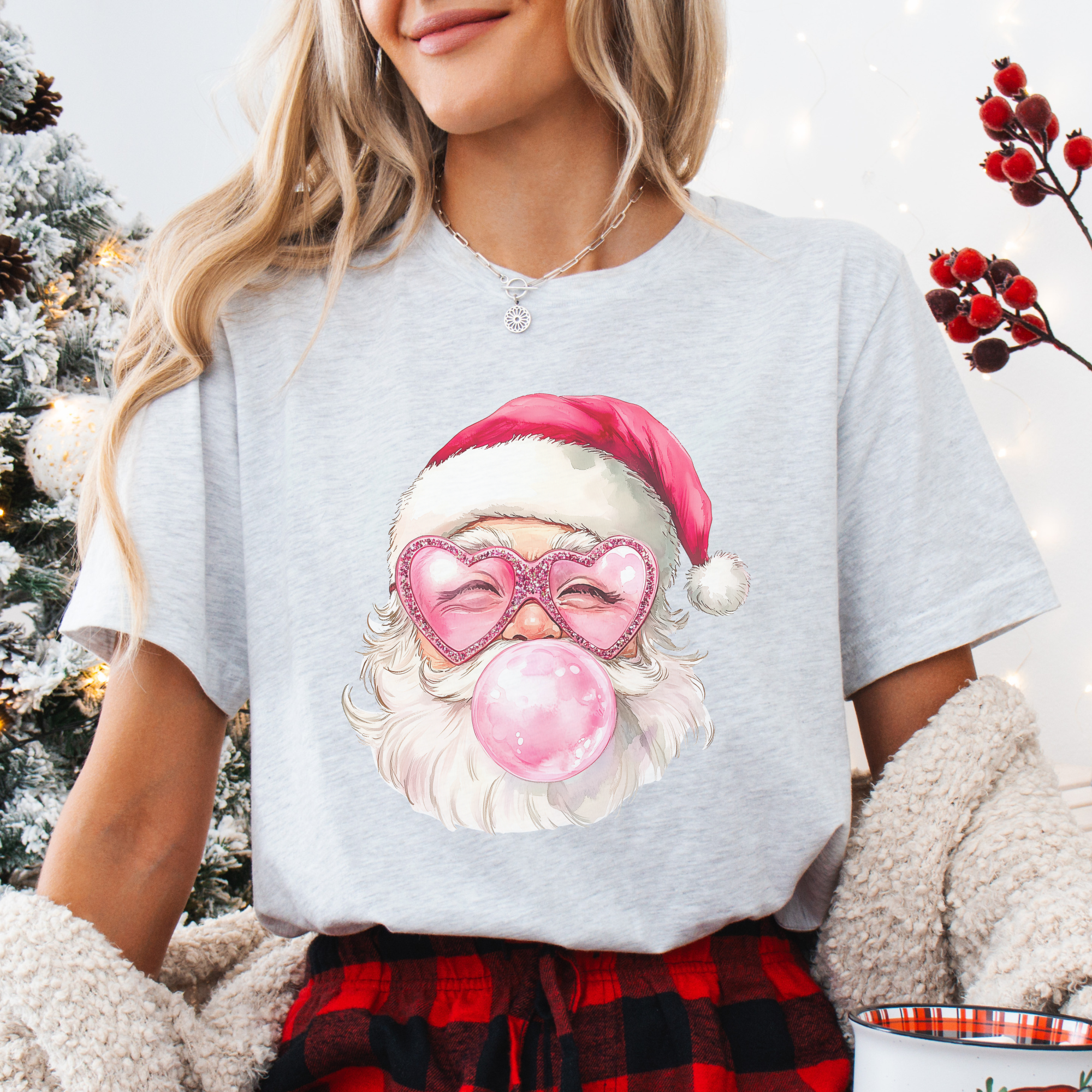 Trendznmore - Modern Graphic Apparel – Engroshandel Grafisk t-shirt - Dame – Vintage Pink Bubble Gum Julemand Jul T-shirt2