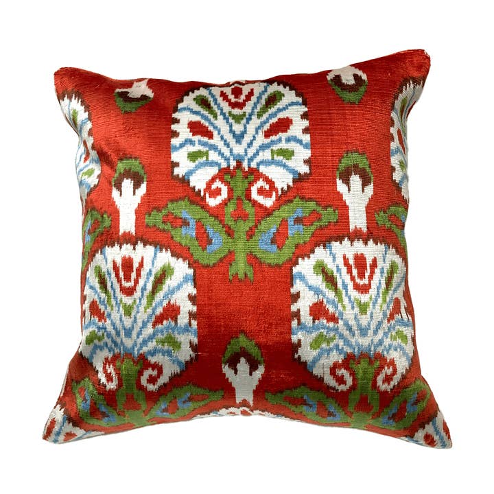Silk Velvet Ikat Pillow - Rust, Green, Blue 16"x16" for wholesale by Turkish Towel Collection