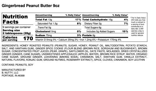 BNutty Peanut Butter - Wholesale Nut Butter - Gingerbread BNutty Peanut Butter- Case of 6- 9oz3