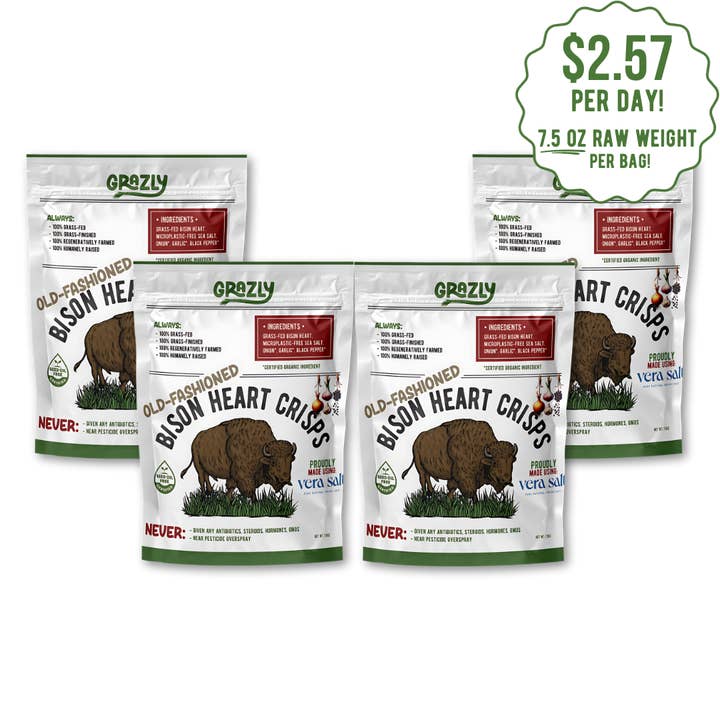 Grazly - Wholesale Dried/Dehydrated Vegetables - "Old Fashioned" Bison Heart Crisps - Organic Spices (25 Count)