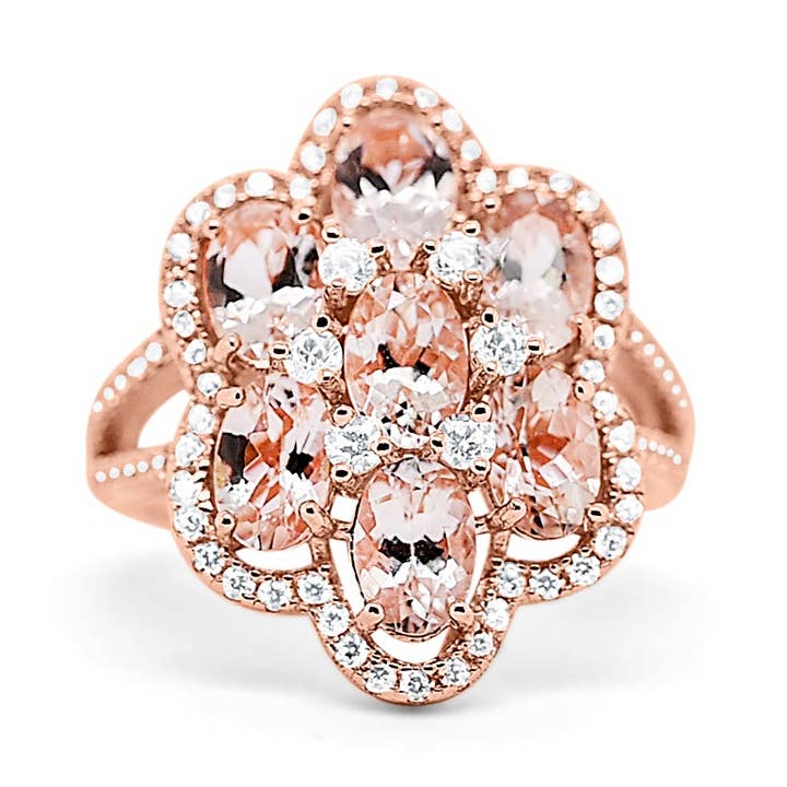 Anillo de morganita ovalada de 7 piedras en oro rosa de 18 quilates (5,20 g, piedra de 2,84 ct) (PJC2719R) para venta al por mayor de Blue Star Gems NY