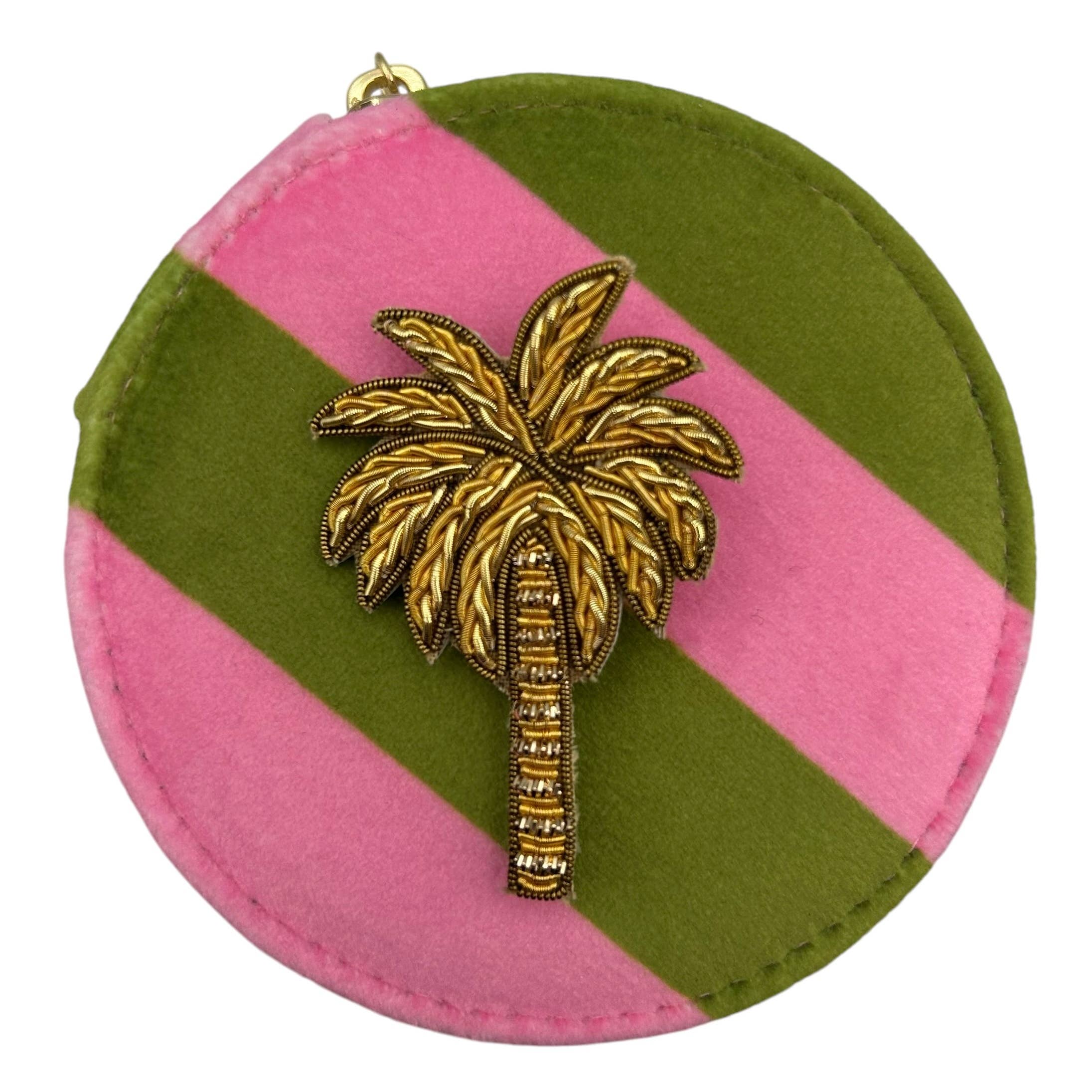 Sixton London – wholesale Jewellery box/organiser – Jewellery Travel Pot in chartreuse stripe - Palm Tree brooch0