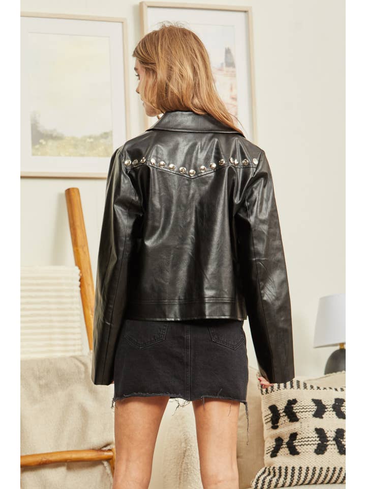 BLACK Faux Leather Studded Jacket J10249-1 for wholesale on Faire
