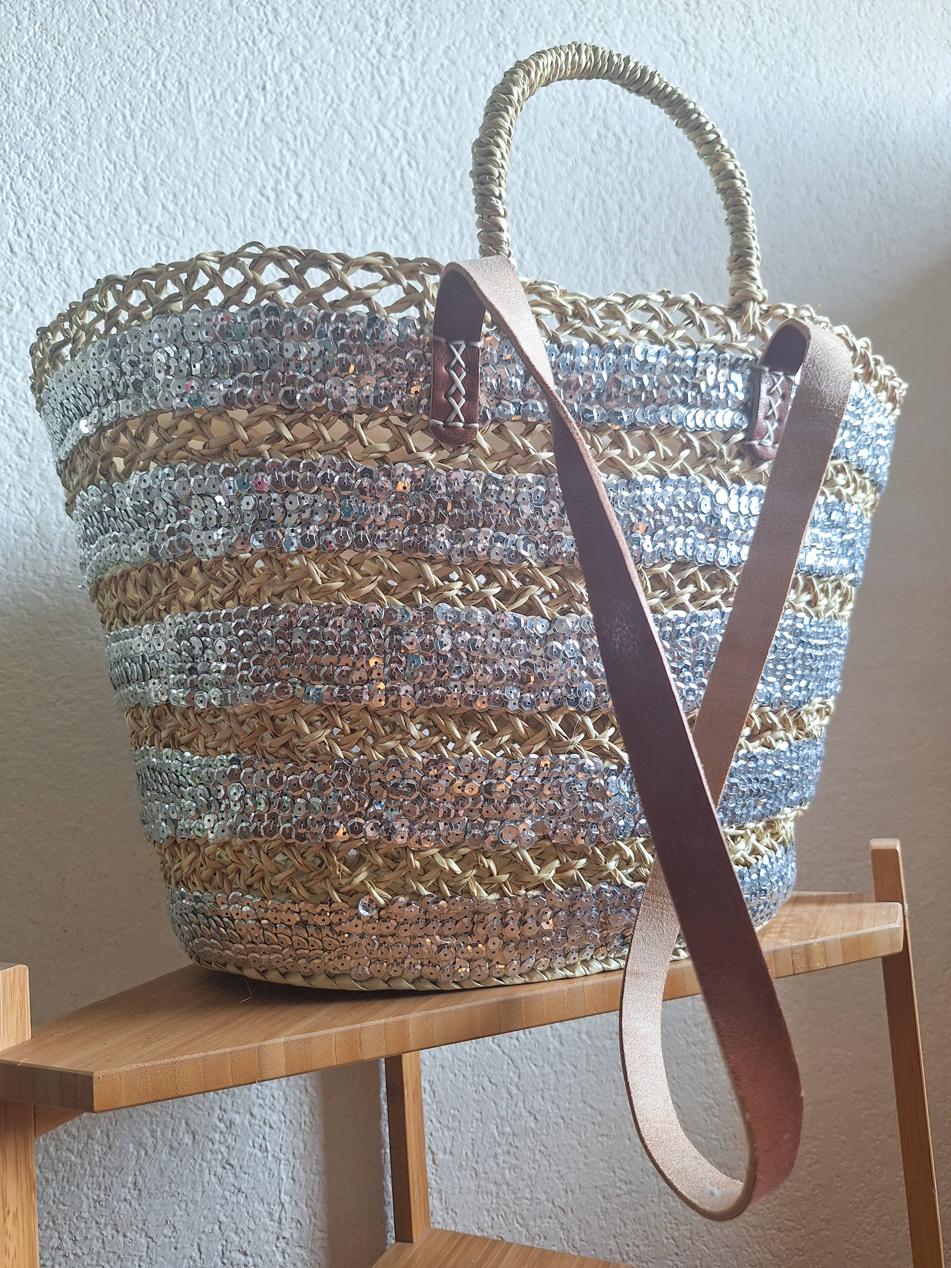 LeBazare - Vendita all'ingrosso Borsa da spiaggia - Borsa shopper in paglia ricamata con paillettes grigie2