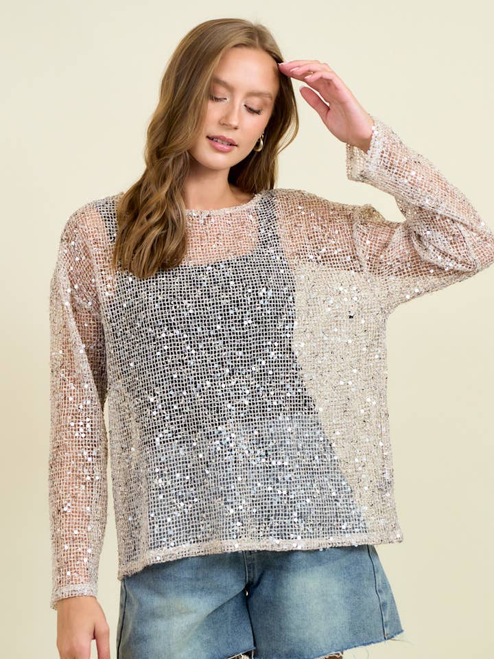 OPEN KNIT SEQUIN LONG SLEEVE SLOUCHY TOP - 45393T for wholesale by Doe and Rae
