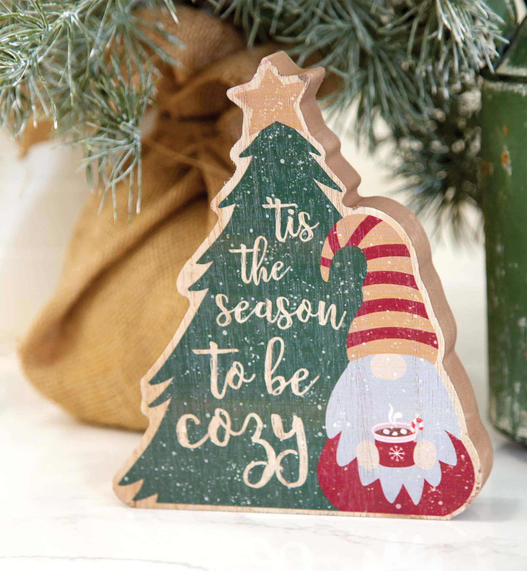 Col House Designs - Wholesale Christmas Decoration - Tis the Season Hot Cocoa Gnome & Tree Chunky Sitter1