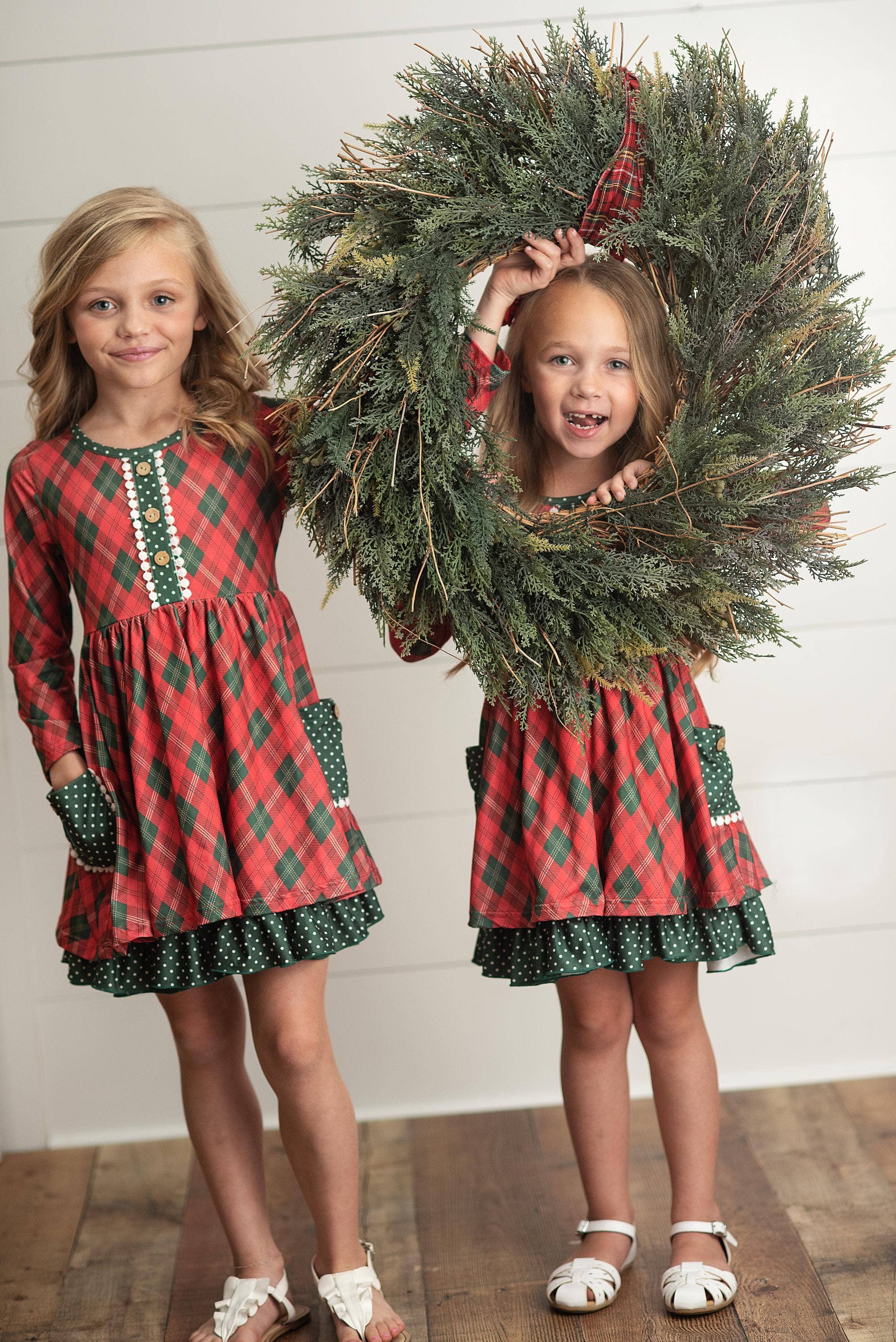 Adorable Sweetness - Wholesale Dress - Kids - Kids Red Green Plaid Ruffle Button Holiday Christmas Dress6