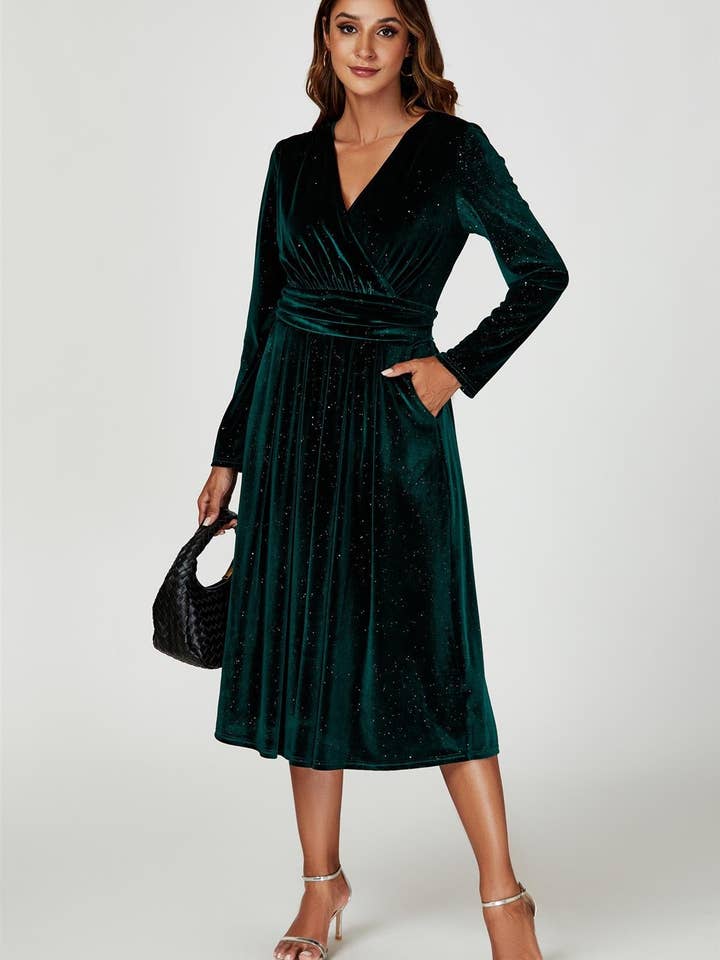 Grön Silver Sparkly Velvet Wrap Top Midiklänning I Grön för wholesale på Faire4