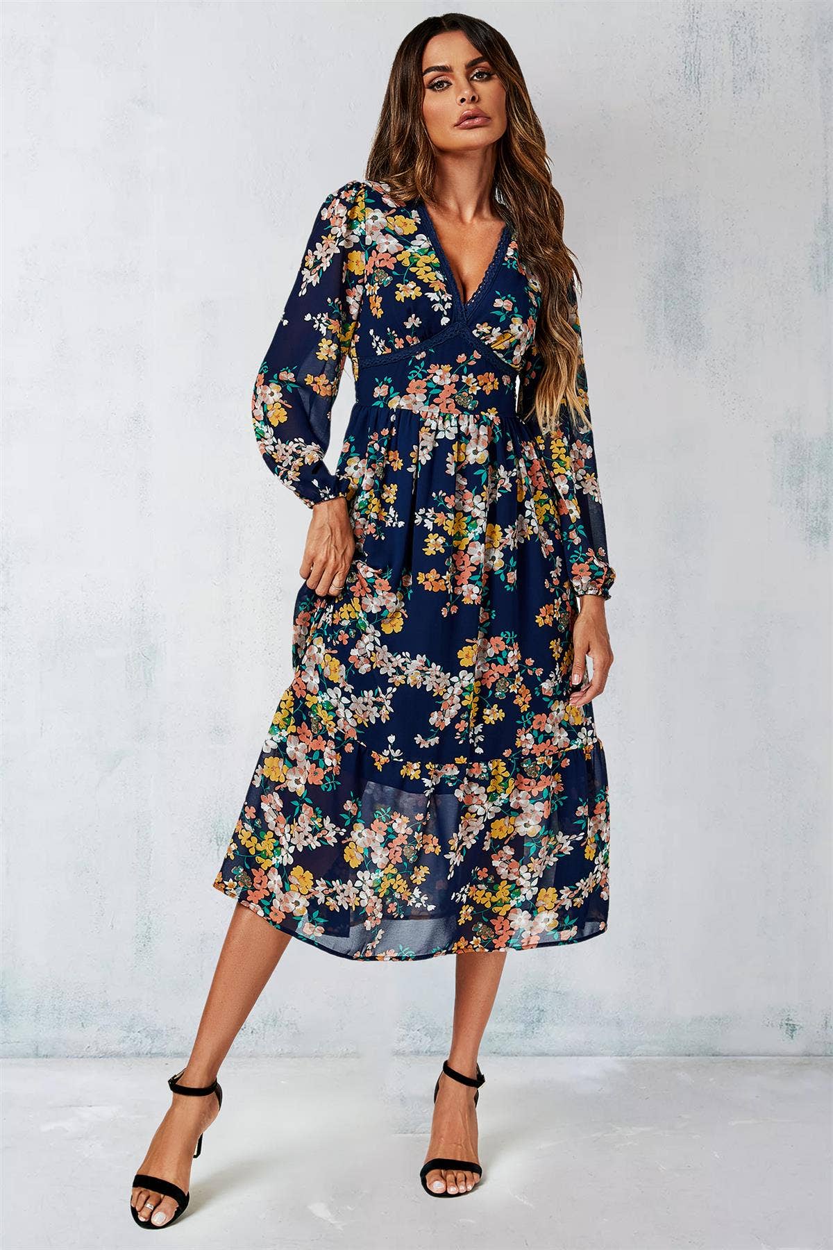 Floral Print Long Sleeve Maxi Dress In Navy for wholesale on Faire0