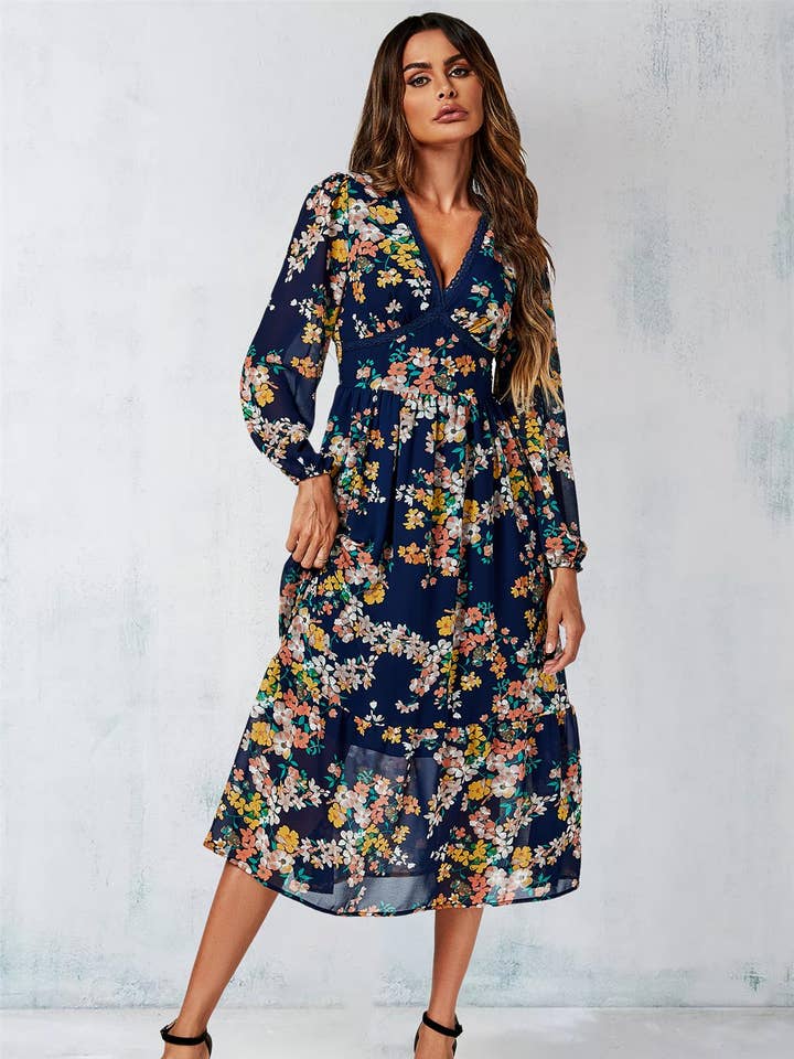 Floral Print Long Sleeve Maxi Dress In Navy for wholesale on Faire0